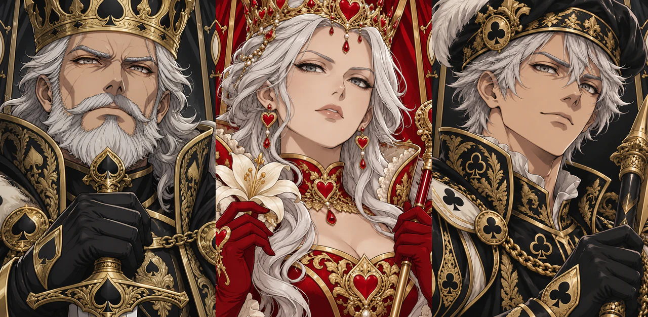 Anime deck: the King of Spades, Queen of Hearts and Jack of Clubs in anime style