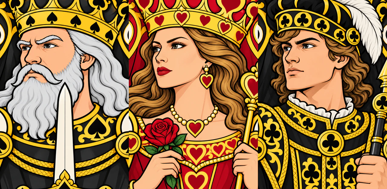 Classic deck: the King of Spades, Queen of Hearts and Jack of Clubs